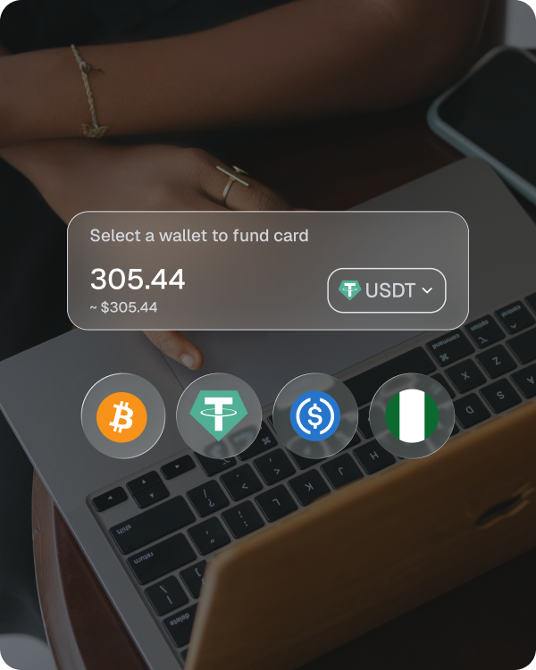 Fund from Bitcoin, USDT, or USDC. Seamless conversion at the best available rate.